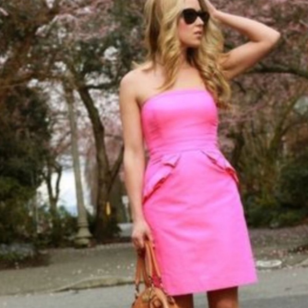 J Crew Pink Strapless Dress w/ Ruffled Pockets